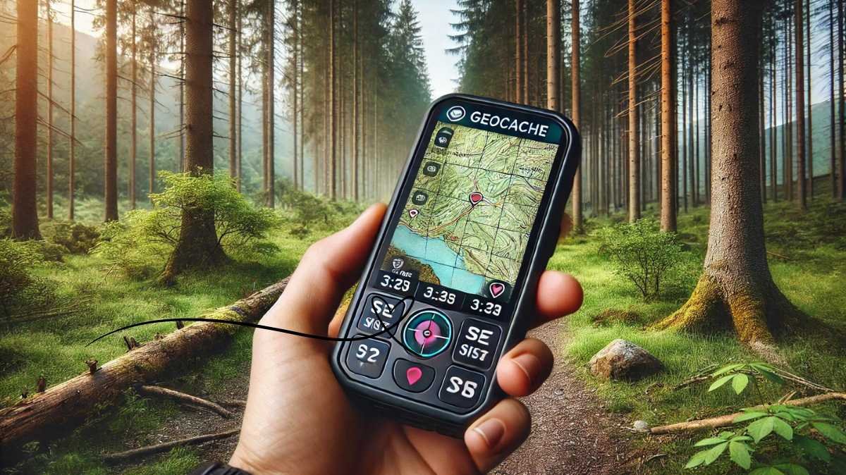 Handheld GPS device used for geocaching in a forest setting, displaying a map with coordinates and waypoints, guiding users to hidden geocache locations.