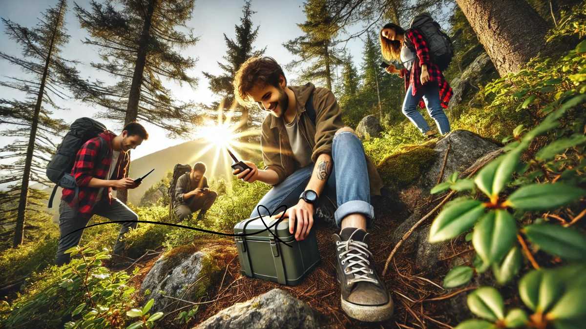 A group of adventurers participating in a GPS stash hunt, the original name for geocaching, navigating through a forest with GPS devices, discovering a hidden cache among rocks and bushes.