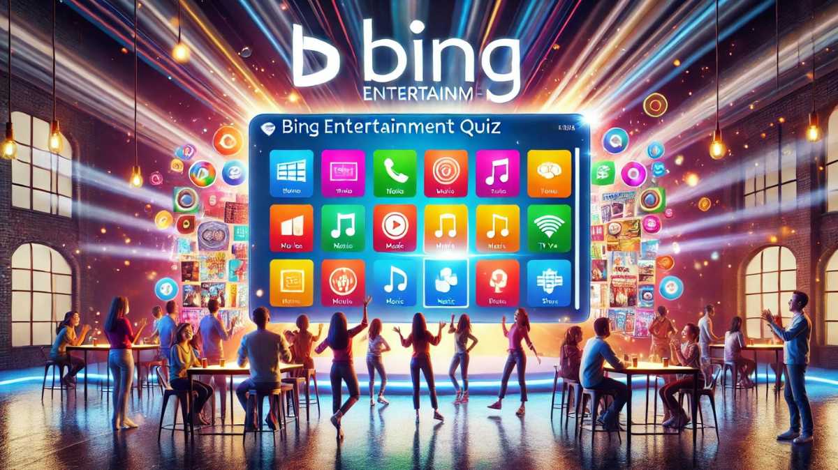 Interactive Bing Entertainment Quiz featuring categories like movies, music, and TV shows with people engaging in a fun quiz game.