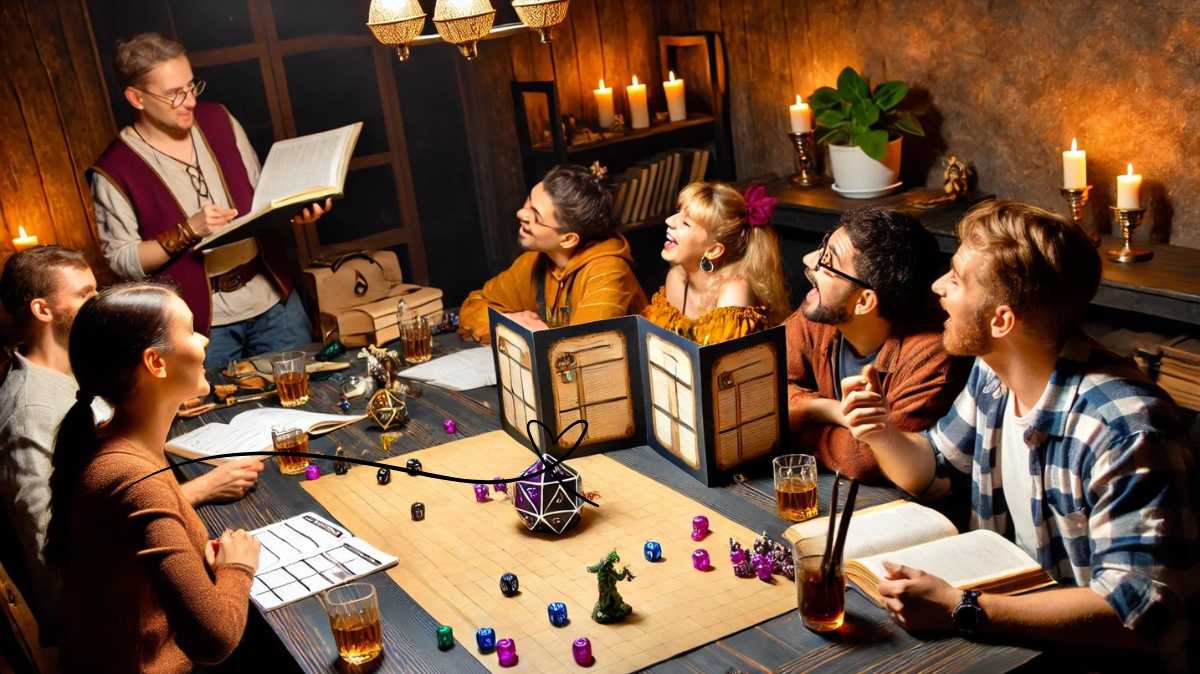 A group of friends enthusiastically playing a tabletop role-playing game, surrounded by dice, character sheets, and miniatures in a cozy, warmly lit room.