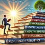 Personal growth strategies illustration with a person climbing a staircase of books labeled 'Goal Setting,' 'Mindfulness,' 'Healthy Habits,' 'Learning,' and 'Resilience,' against a bright background with a rising sun symbolizing progress and growth.