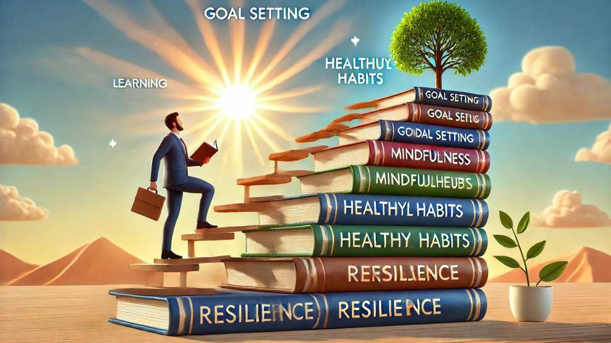 Personal growth strategies illustration with a person climbing a staircase of books labeled 'Goal Setting,' 'Mindfulness,' 'Healthy Habits,' 'Learning,' and 'Resilience,' against a bright background with a rising sun symbolizing progress and growth.