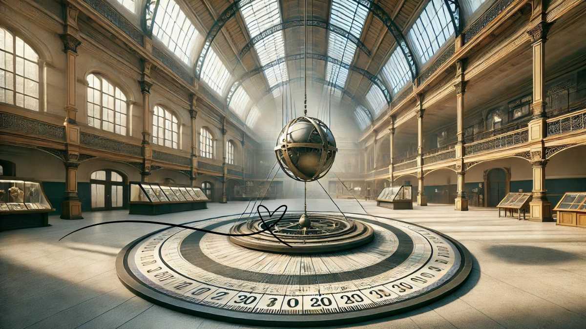 A Foucault pendulum inside a museum, illustrating Earth's rotation with a swinging spherical weight over a circular platform marked with geographic lines.