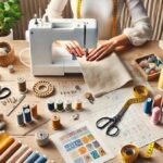 A beginner learning to sew with a sewing machine, fabric, thread spools, and essential sewing tools in a well-organized workspace.