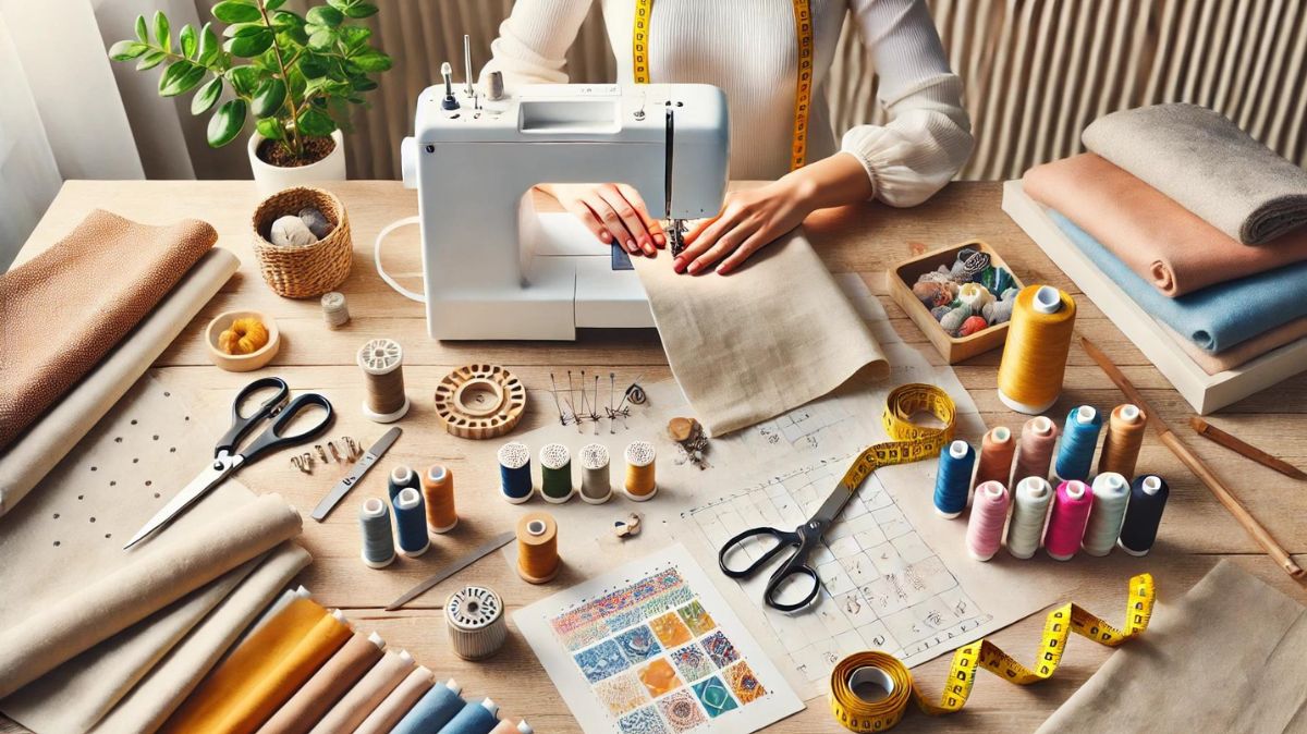 A beginner learning to sew with a sewing machine, fabric, thread spools, and essential sewing tools in a well-organized workspace.