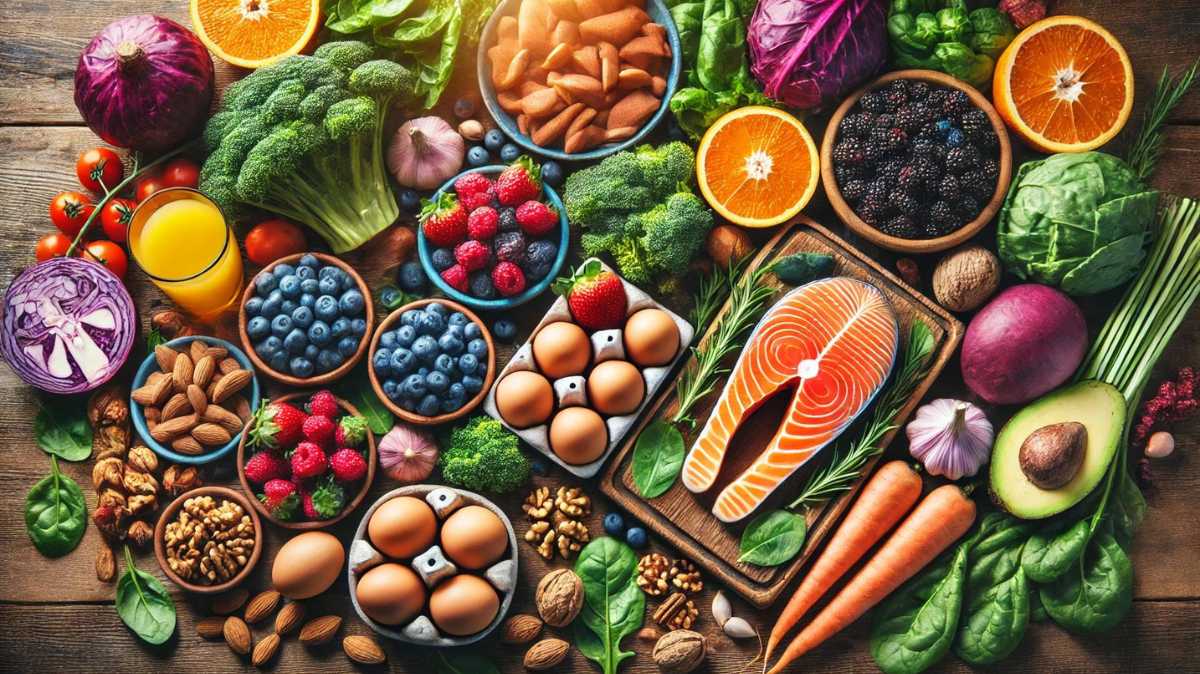 A colorful array of nutrient-dense foods, including salmon, leafy greens, berries, eggs, nuts, garlic, and sweet potatoes, displayed on a wooden table. These foods are rich in essential vitamins, minerals, and antioxidants, making them ideal for a healthy and balanced diet.