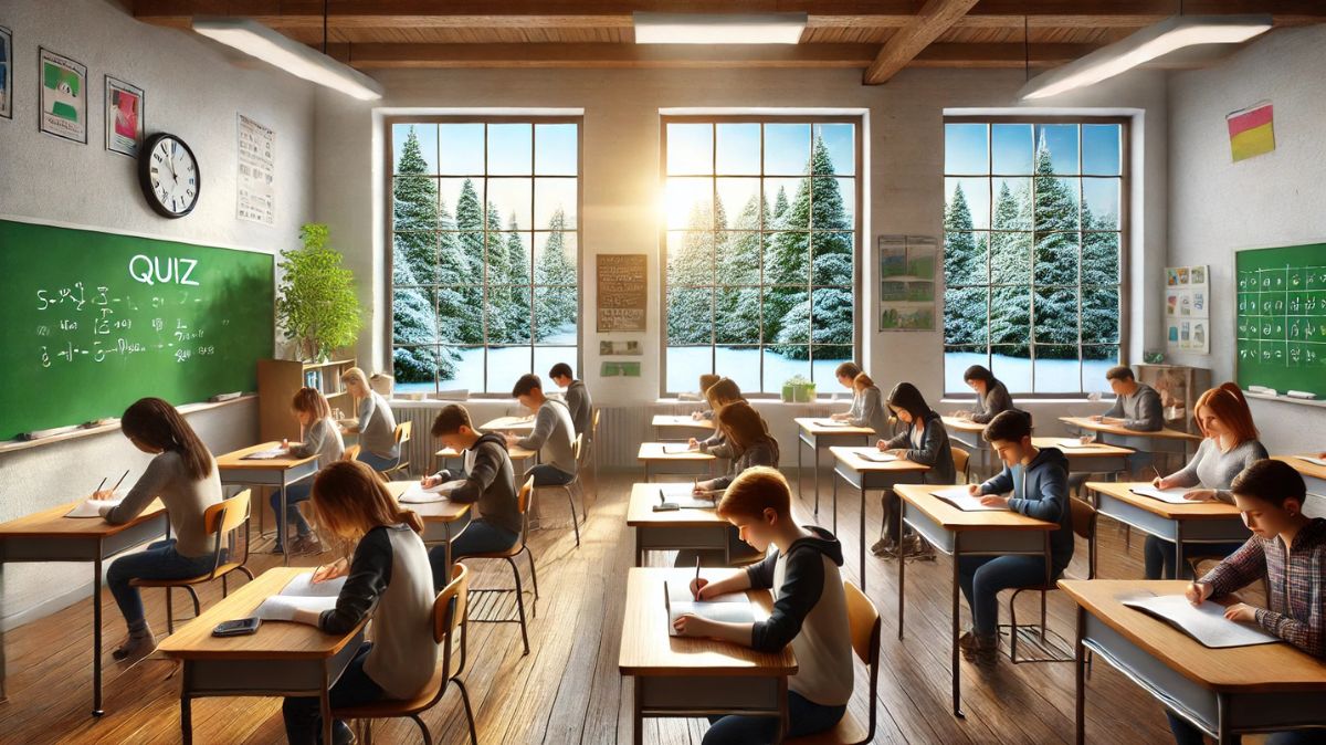 Realistic classroom with students taking a Bing homepage quiz, natural light illuminating the room through large windows with a scenic view of snowy green trees and a bright blue sky. Focused students at wooden desks create a calm educational environment.