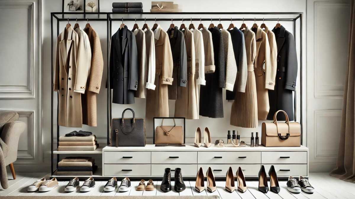 Minimalist wardrobe showcasing neutral-colored classic clothing pieces like tailored blazers, trench coats, and dresses, paired with simple accessories such as pearl earrings and leather handbags, emphasizing the timeless elegance of classical dressing.