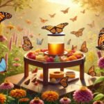 Butterflies feeding from a shallow dish filled with fruits and sugar water in a garden, surrounded by blooming flowers like milkweed and marigolds under soft sunlight.