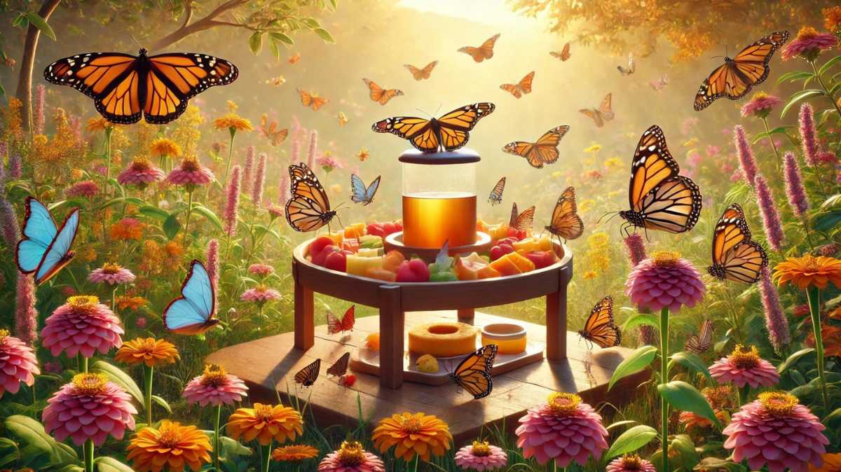 Butterflies feeding from a shallow dish filled with fruits and sugar water in a garden, surrounded by blooming flowers like milkweed and marigolds under soft sunlight.