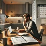 A person fully invested in their daily routine, sitting at a modern desk with a cup of coffee, a planner, and a laptop, in a well-lit room with minimalistic decor, promoting productivity and organization.