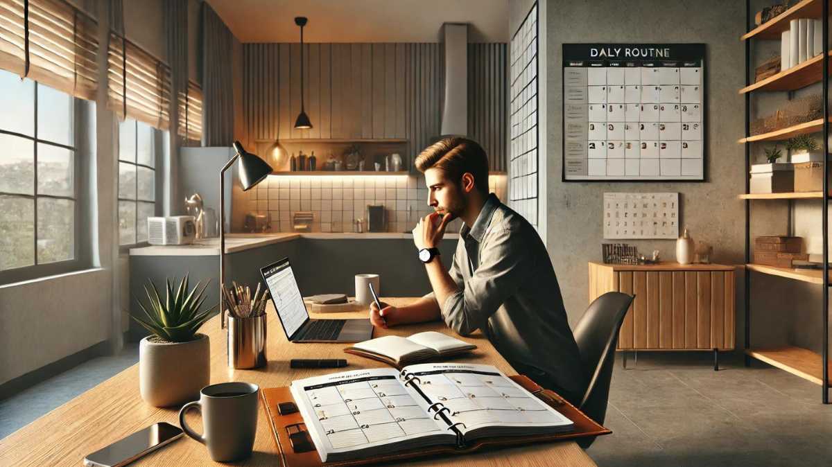 A person fully invested in their daily routine, sitting at a modern desk with a cup of coffee, a planner, and a laptop, in a well-lit room with minimalistic decor, promoting productivity and organization.