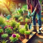 Beginner gardener tending to a vibrant garden with colorful flowers, herbs, and vegetables, using basic gardening tools in a sunny and welcoming setting.