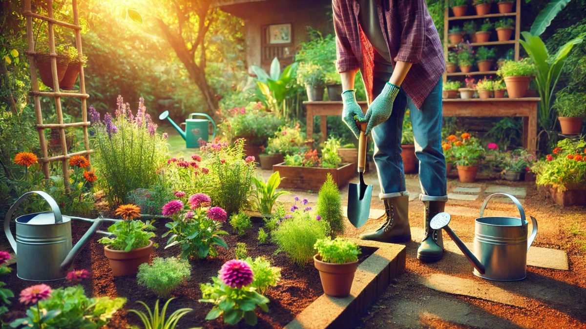 Beginner gardener tending to a vibrant garden with colorful flowers, herbs, and vegetables, using basic gardening tools in a sunny and welcoming setting.