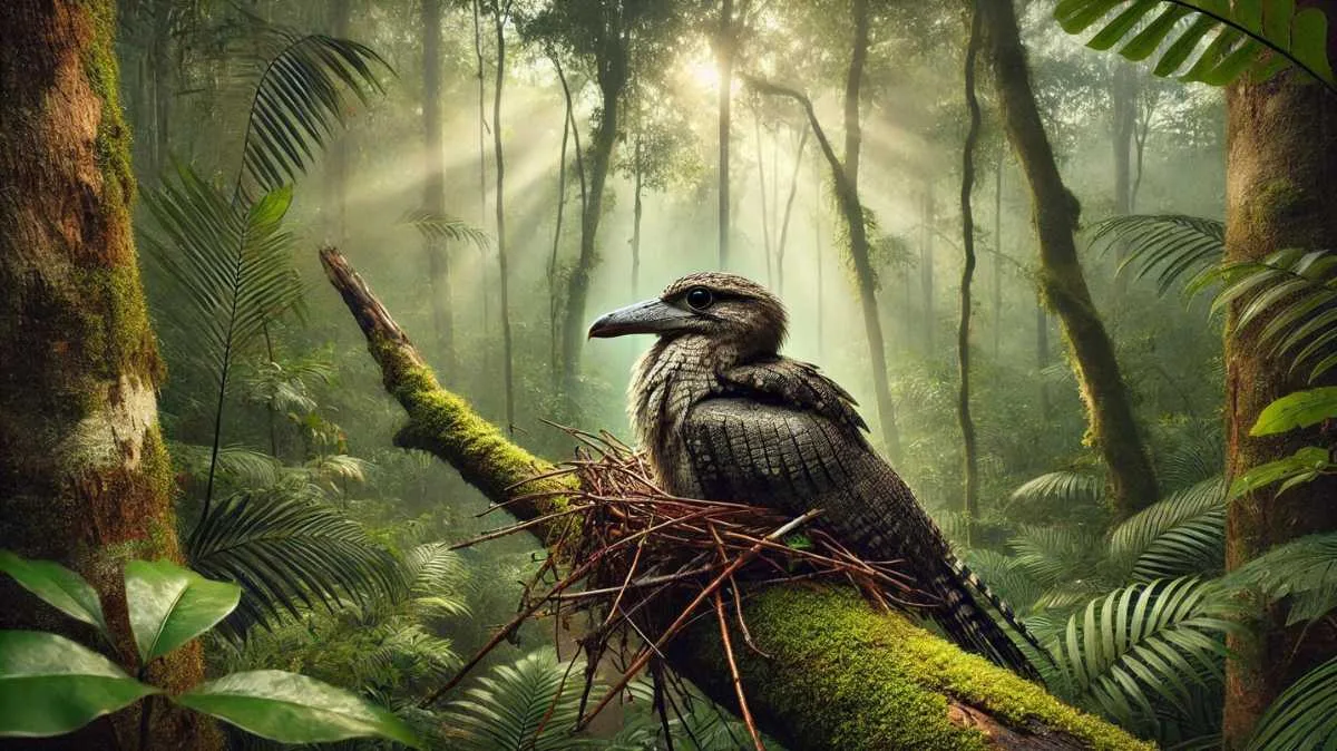 A Great Potoo bird perched on a well-camouflaged nest made of twigs and leaves, positioned high on a tree branch in a dense tropical forest.