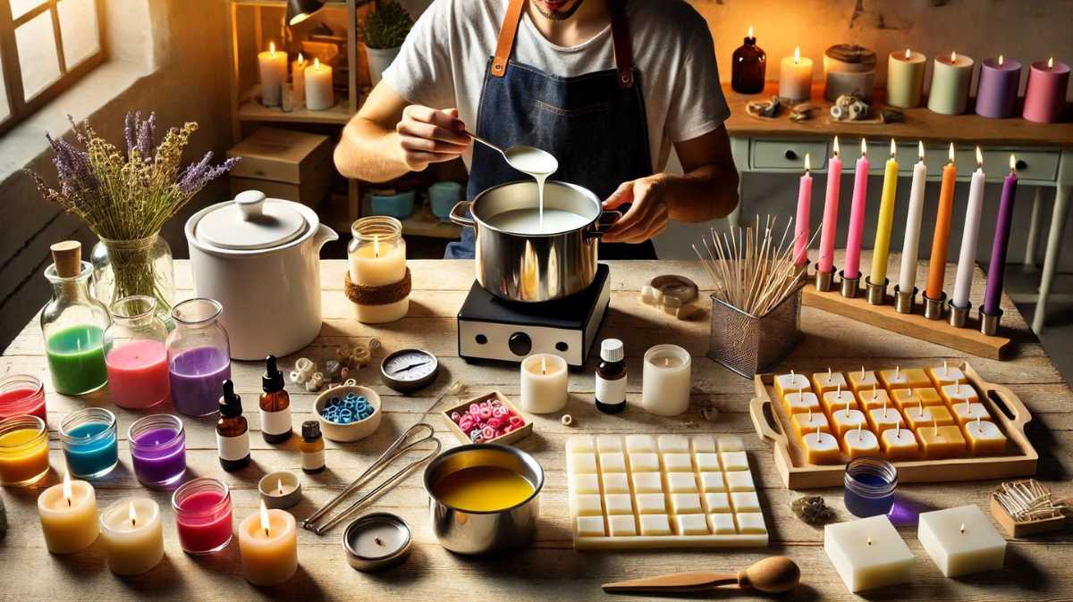 Person making homemade candles with tools including wax, wicks, melting pot, thermometer, fragrance oils, and colorful dyes. Step-by-step candle-making process in a well-lit workspace.