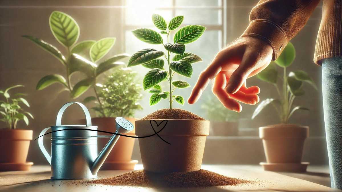 A person checking the soil moisture of a houseplant with their finger, determining if it needs watering, with a watering can nearby in a bright indoor setting.