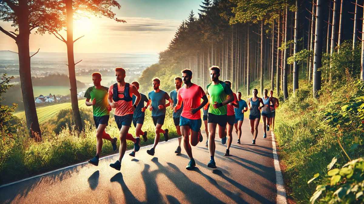 Runners on a marathon training course through a forest, focused on endurance and preparation, surrounded by lush greenery and morning sunlight.