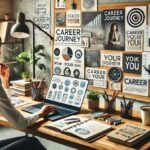 A professional in a modern office environment planning their career journey with a laptop, vision board, and career materials, surrounded by a productive and bright workspace.