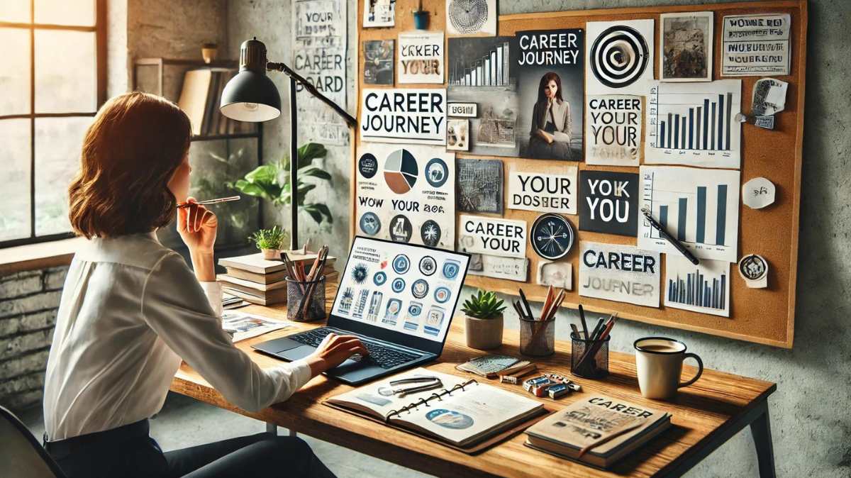 A professional in a modern office environment planning their career journey with a laptop, vision board, and career materials, surrounded by a productive and bright workspace.