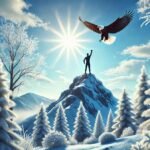 A person stands on top of a mountain under a clear blue sky, surrounded by white frost-covered trees. An eagle soars overhead, symbolizing freedom and resilience. The person, arms raised in triumph, reflects mental strength after overcoming challenges, with sunlight casting a peaceful glow over the scene.