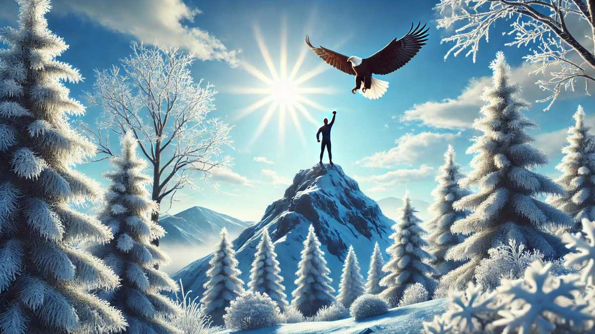 A person stands on top of a mountain under a clear blue sky, surrounded by white frost-covered trees. An eagle soars overhead, symbolizing freedom and resilience. The person, arms raised in triumph, reflects mental strength after overcoming challenges, with sunlight casting a peaceful glow over the scene.