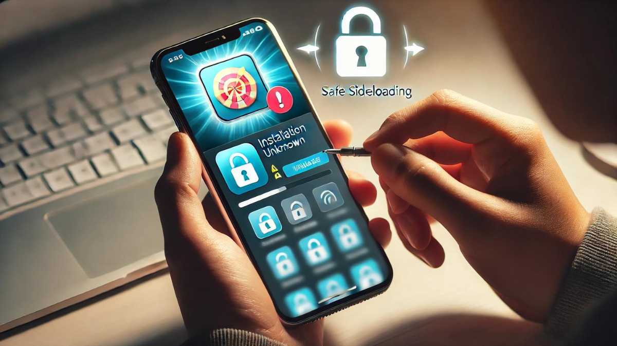 A person carefully installing an app from an unknown source on their smartphone, with a lock icon representing security and privacy.