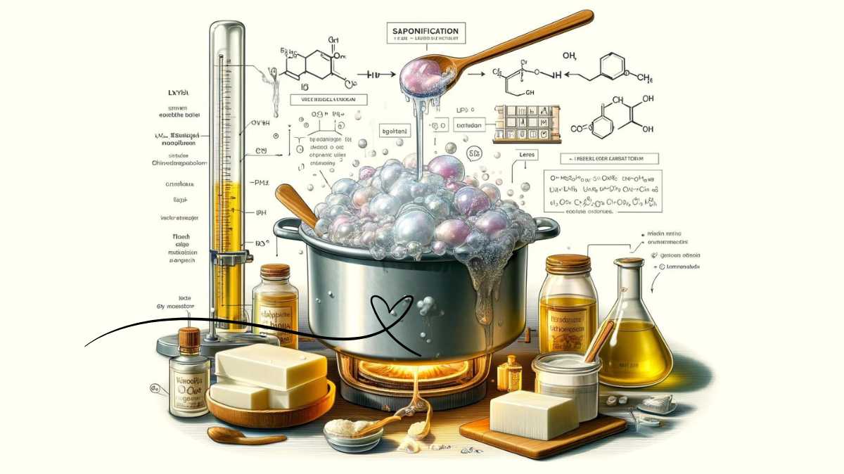 Illustration of the saponification process of making soap, showing the chemical reaction between fats, oils, and lye, resulting in soap and glycerin in a kitchen environment.