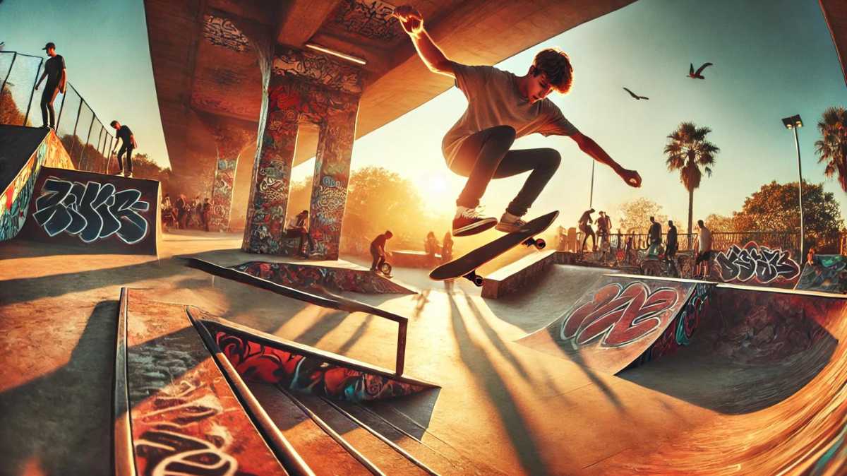 Skateboarder performing new tricks in an urban skate park, mid-air during a kickflip, with graffiti-covered ramps and spectators watching under a clear sky.