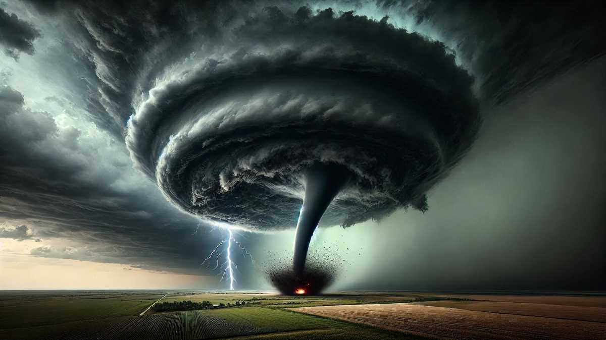 A powerful supercell tornado touching the ground in a rural landscape, with dark rotating storm clouds and lightning strikes in the background.