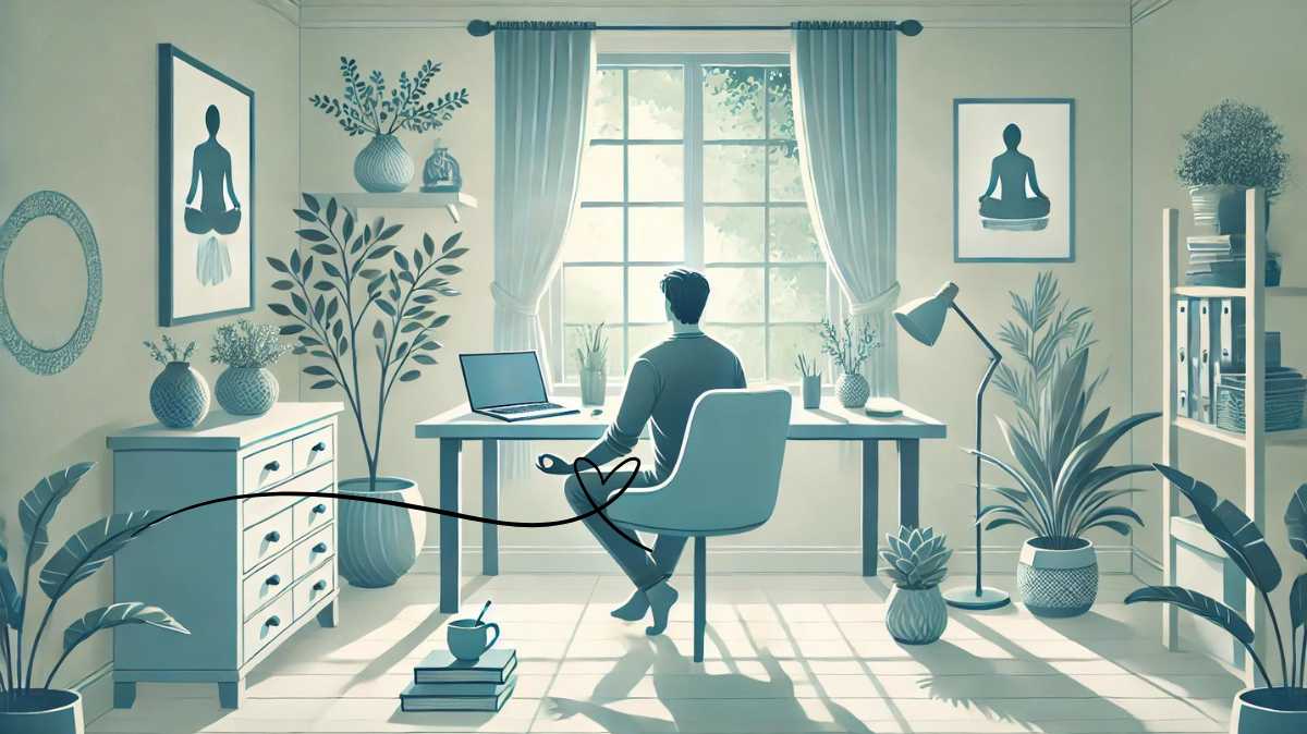 A serene home office with a person practicing stress-relief techniques like meditation, surrounded by calming elements such as plants, natural light, and a cup of herbal tea.