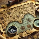 A treasure map with a compass, magnifying glass, and ancient coins symbolizing exploration and puzzle-solving in treasure tracking games.