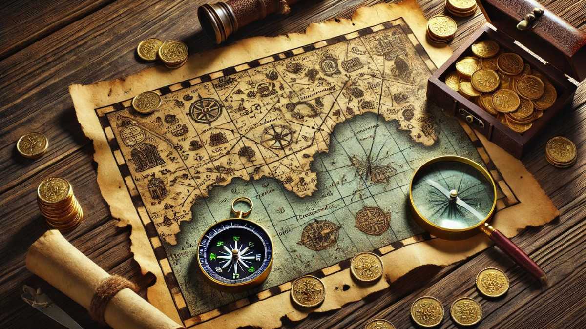 A treasure map with a compass, magnifying glass, and ancient coins symbolizing exploration and puzzle-solving in treasure tracking games.