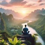 Serene image of a person meditating on a cliff edge at sunrise, overlooking a valley symbolizing mental well-being and inner peace.