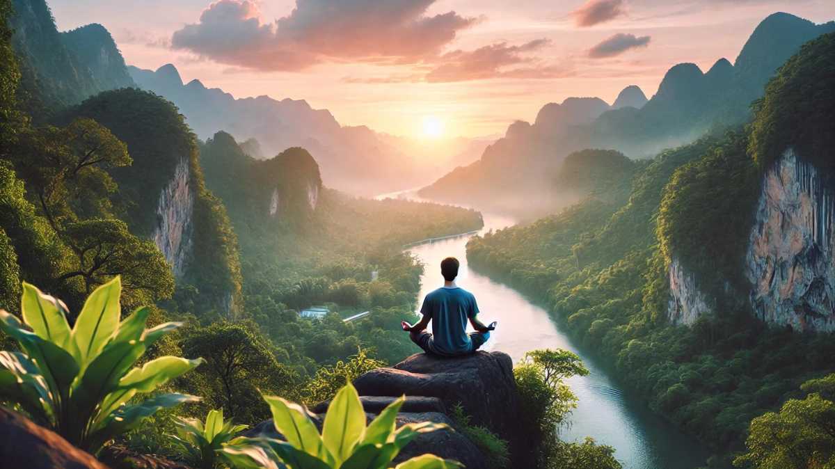 Serene image of a person meditating on a cliff edge at sunrise, overlooking a valley symbolizing mental well-being and inner peace.