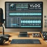 Professional vlog audio editing setup showing a computer screen with waveform and timeline views, alongside a high-quality microphone, headphones, and audio mixer on a desk.