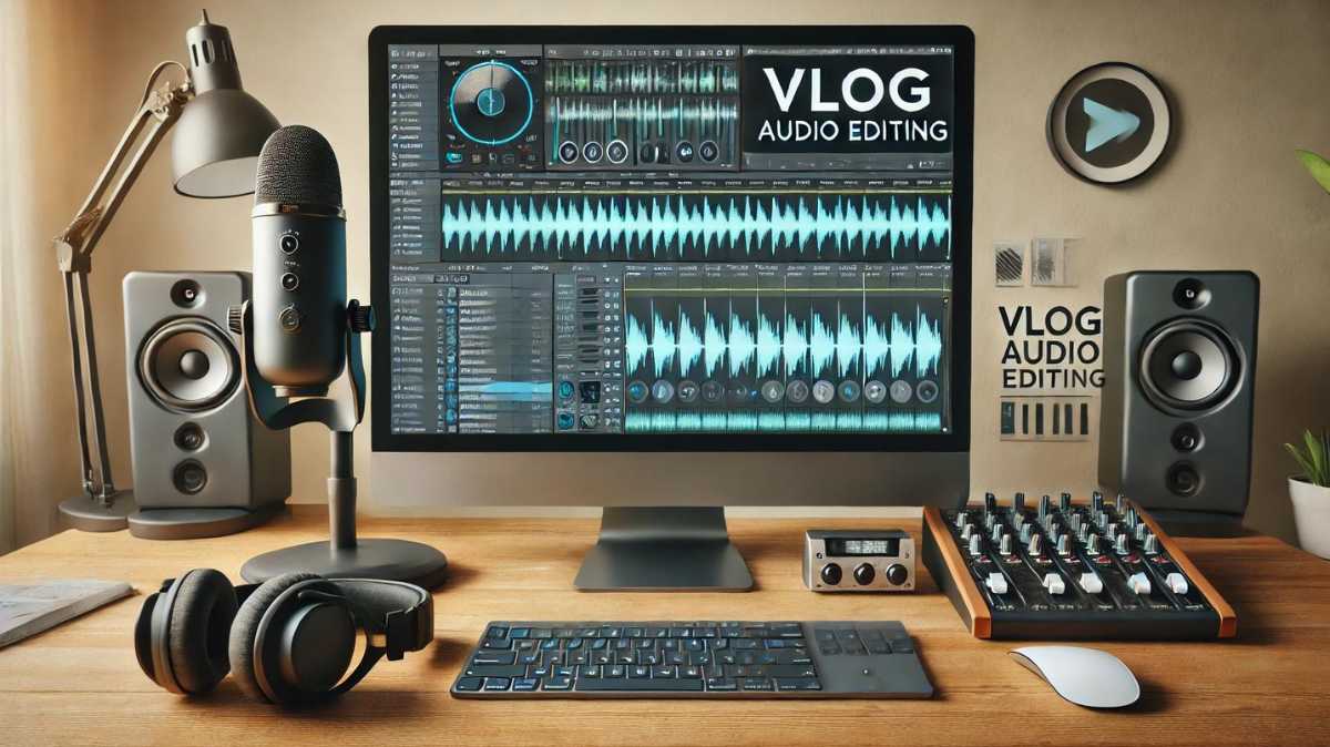 Professional vlog audio editing setup showing a computer screen with waveform and timeline views, alongside a high-quality microphone, headphones, and audio mixer on a desk.