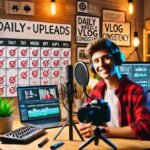 A vlogger consistently recording videos with professional equipment and an organized schedule, symbolizing dedication to maintaining vlog consistency.