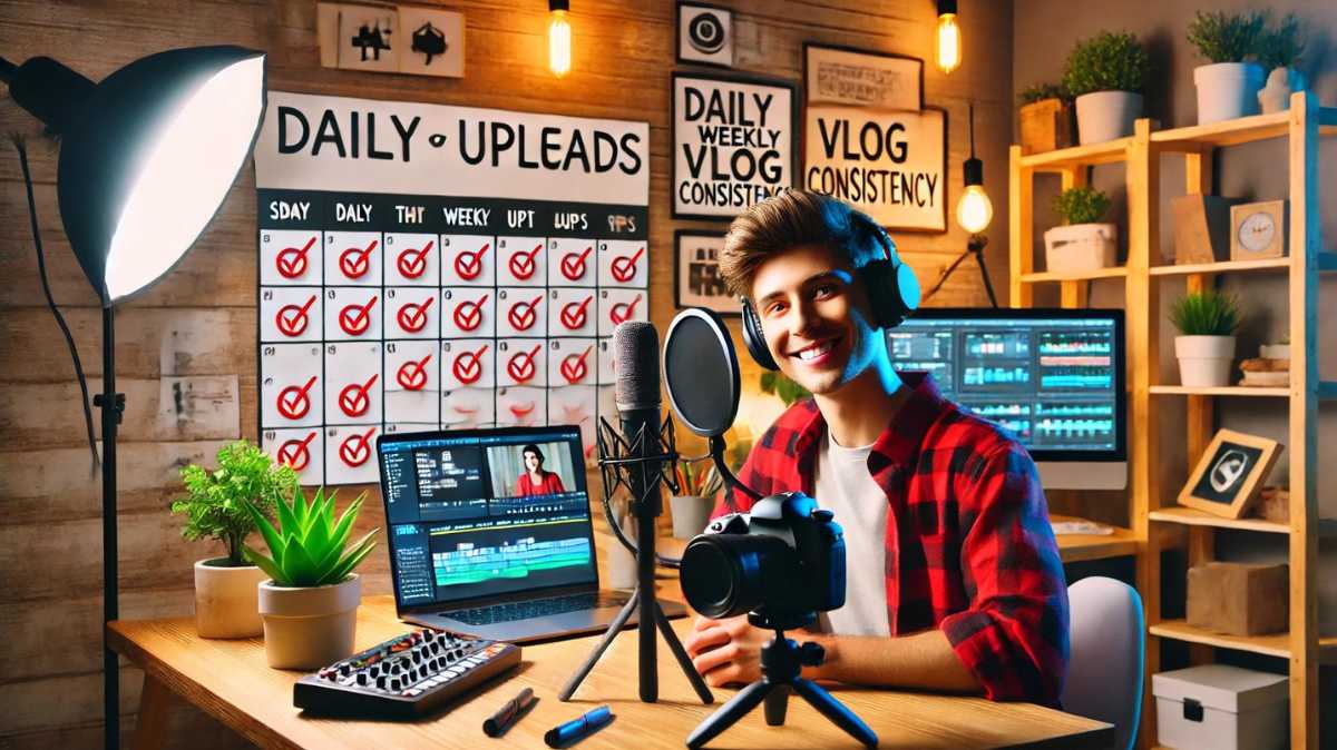 A vlogger consistently recording videos with professional equipment and an organized schedule, symbolizing dedication to maintaining vlog consistency.