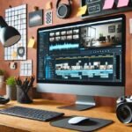 Modern video editing workspace featuring a computer screen with vlog editing software, video timeline, audio tracks, and color correction tools, along with a camera, microphone, headphones, and creative desk setup.