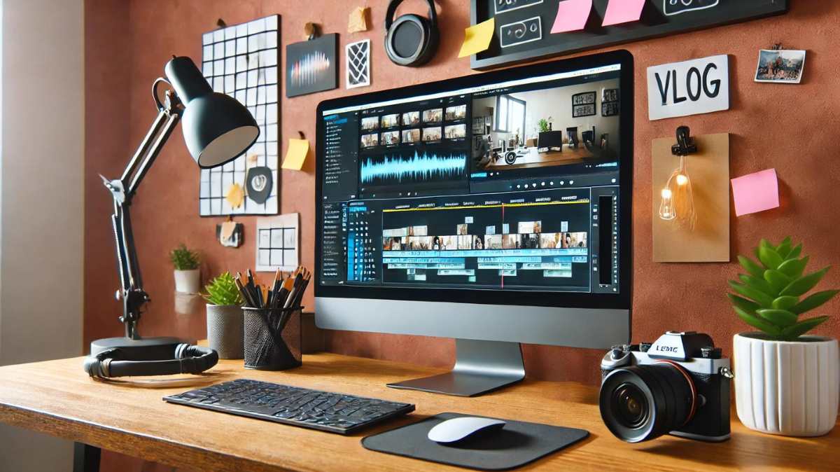 Modern video editing workspace featuring a computer screen with vlog editing software, video timeline, audio tracks, and color correction tools, along with a camera, microphone, headphones, and creative desk setup.