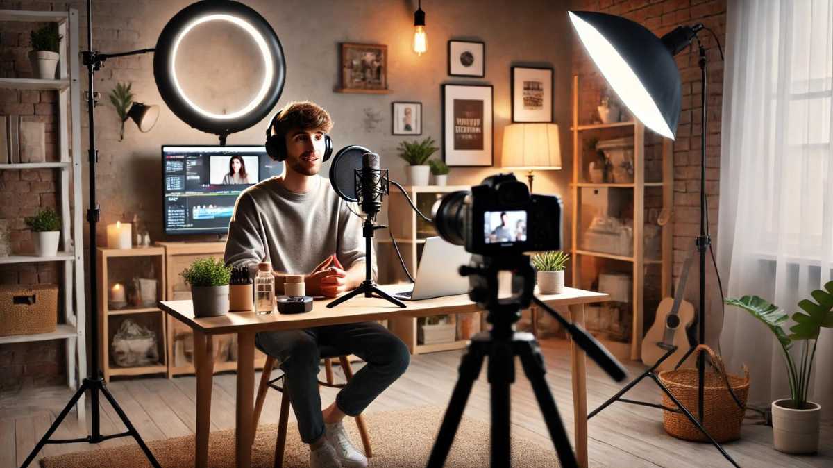 Behind-the-scenes setup of vlog filming with a YouTuber speaking into a microphone, ring light, camera on tripod, and laptop showing recording software.