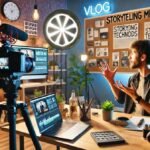 Content creator using vlog storytelling methods in a creative space, recording in front of a camera with professional lighting, storyboard, and editing tools in the background.