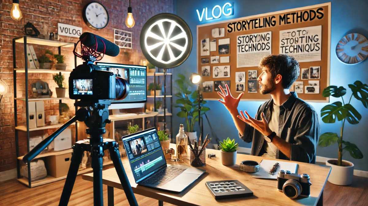 Content creator using vlog storytelling methods in a creative space, recording in front of a camera with professional lighting, storyboard, and editing tools in the background.