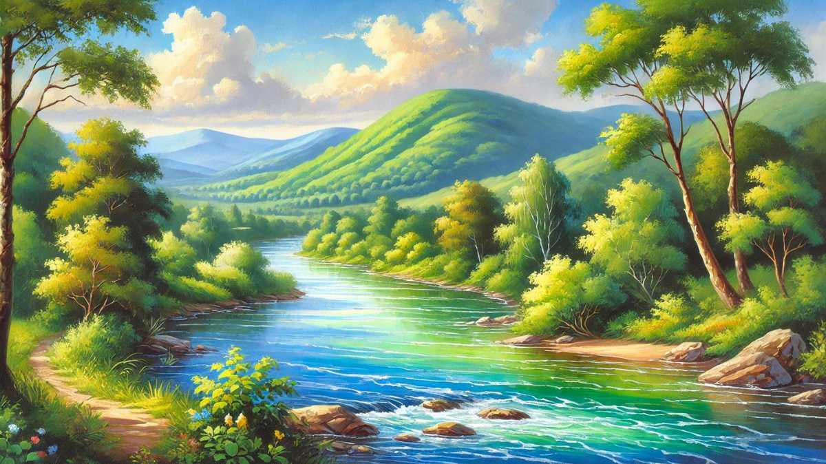 A vibrant gouache landscape painting depicting a peaceful river, lush greenery, distant hills, and bright sky, showcasing gouache's opaque, matte qualities.