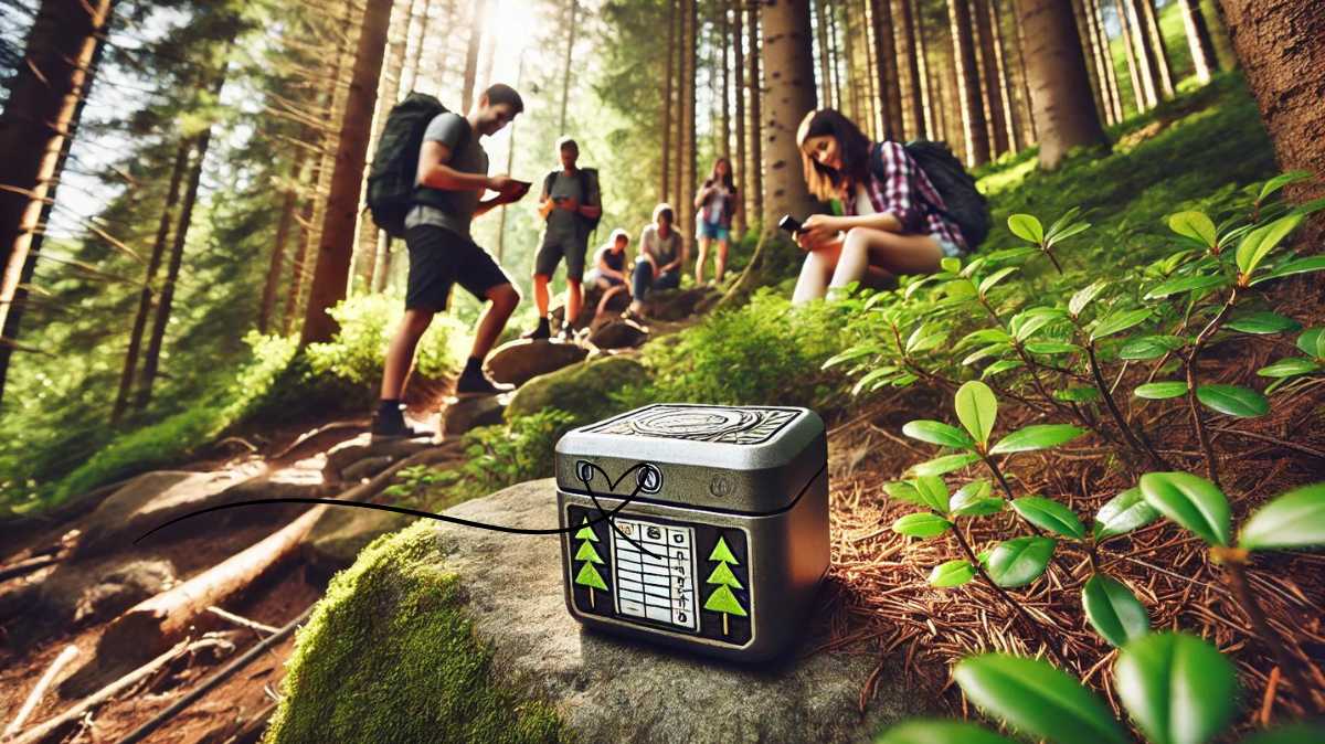 A hidden geocache container under rocks near a hiking trail in a lush forest, with people using GPS devices to locate it, enjoying the adventure of geocaching.