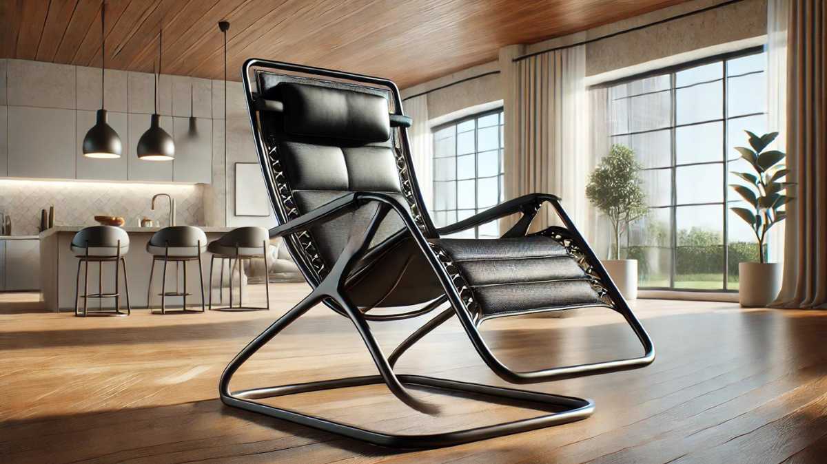 Zero gravity chair with black metal frame and cushioned seating in a minimalistic indoor space, featuring large windows and natural lighting for a comfortable, ergonomic relaxation experience.